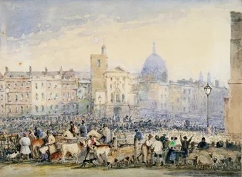 Vista del Mercato di Smithfield con figure e animali, Città di Londra, 1824