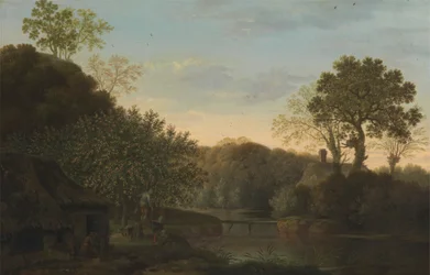 Paesaggio autunnale con raccoglitori di mele