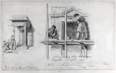Costruzione di portici a Newham Street e Middlesex Hospital, Londra