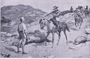 Un atto di valore durante la marcia verso Hoopstad, Dopo Pretoria: La guerra di guerriglia pubblicata da Harmsworth Bros Limited 1901