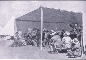 Servizio divino in un campo profughi boero, da Dopo Pretoria: La guerra di guerriglia pubblicata da Harmsworth Bros Limited, 1901