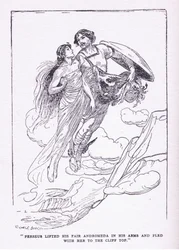 Perseo sollevò la sua bella Andromeda tra le braccia e fuggì con lei verso le cime delle scogliere, da Gli Eroi pubblicato da George Allen e Unwin 1929