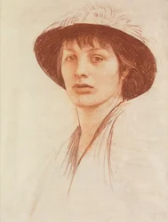 Donna con cappello di piume (gesso rosso su pergamena)