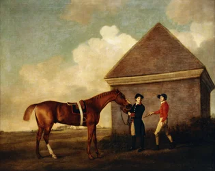 «Eclipse», un cavallo da corsa sauro scuro tenuto da uno stalliere, con un fantino, forse Jack Oakley, presso la Rubbing Down House a Newmarket, 1770