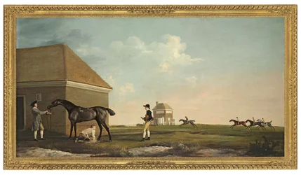 Gimcrack a Newmarket Heath con un allenatore, un fantino e un ragazzo di scuderia
