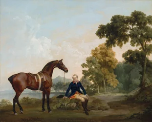 James Hamilton, 2° Conte di Clanbrassil (1730-1798), con il suo cavallo baio Mowbray, riposando su un sentiero boscoso vicino a un lago