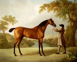 Tristram Shandy, un cavallo da corsa baio tenuto da un groom in un ampio paesaggio, c.1760