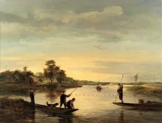 Una vista sulle broads con uomini che pescano dai punts