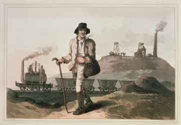 Locomotiva Blenkinsop alla miniera di Middleton vicino a Leeds, inciso da Robert e Daniel Havell, 1814