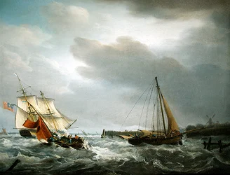 Una nave da guerra britannica che passa la foce di un estuario