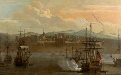 Dipinto del Forte St George a Madras, India. Nel 1731. Forte militare e porto con navi. Cannone della nave in azione. Fumo. Battaglia
