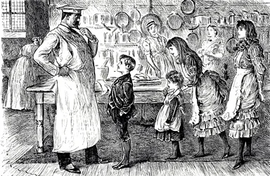Un cartone animato che raffigura un cuoco che prende ordini dai bambini della casa. Illustrato da George du Maurier (1834-1896) un vignettista e autore franco-britannico