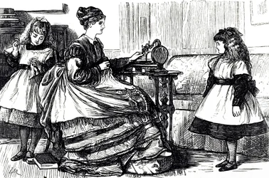 Un fumetto che raffigura una giovane madre che usa una macchina da cucire. Illustrato da George du Maurier (1834-1896) un fumettista e autore franco-britannico