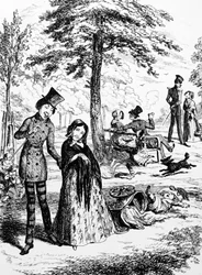 Cartone animato che raffigura una domestica che cammina con il suo amante di George du Maurier (1834-1896) un fumettista e autore franco-britannico