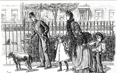 Cartone che raffigura una famiglia che cammina per le strade della Londra vittoriana
