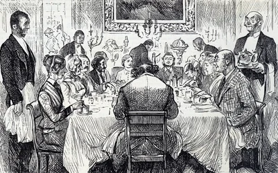 Cartone animato che raffigura una serata elegante in una casa vittoriana