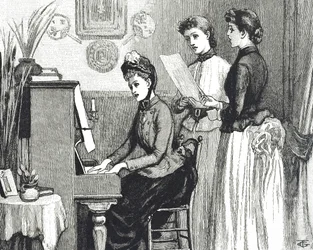 Incisione che raffigura giovani donne che cantano nel salotto