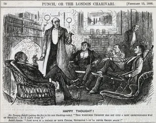 Gentiluomini riuniti nella sala fumatori che fumano i loro sigari dopo cena. Cartone animato di George du Maurier da Punch, Londra 1886