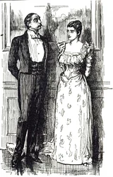 Cartone di Georges du Maurier che illustra un uomo e una donna in conversazione a un evento sociale, Inghilterra 1891