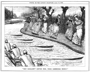 Pattinaggio a rotelle molto di moda. Studentesse di Girton sul sentiero che salutano i rematori sul fiume. George du Maurier cartone da Punch, Londra