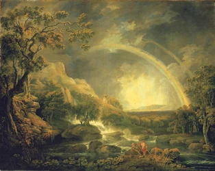 Ampio paesaggio fluviale boscoso, con pescatori accanto a una pozza sotto una cascata e un arcobaleno