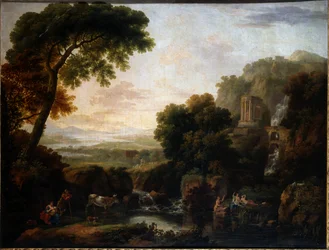 Paesaggio italianizzante con una veduta capricciosa di Tivoli, un pastore e una pastorella e bestiame
