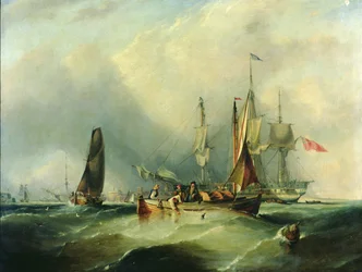Una nave da guerra e barche da pesca al largo di Southsea