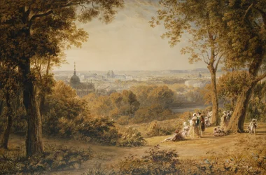 Una Vista di Versailles con Figure Eleganti in Primo Piano al Tramonto