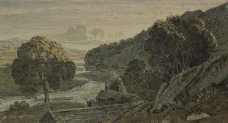 Sera, paesaggio, con cottage e fiume