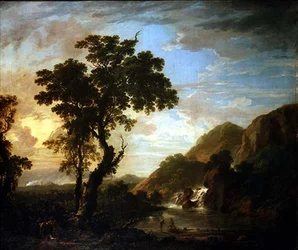 Paesaggio fluviale boscoso con figure in primo piano e cascata sullo sfondo
