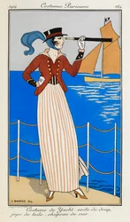 Costume da yacht: giacca di stoffa, gonna di lino, cappello di cuoio. Una donna che indossa un costume da yacht: una giacca di stoffa rossa, una gonna di lino a righe, un cappello di cuoio e una sciarpa blu. Sta usando un telescopio, puntando verso la barc