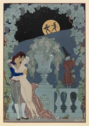 Fantoches. (Marionette) da Fêtes Galantes di Debussy, Scaramouche e Pulcinella. Uomo che abbraccia una donna nuda. Due figure in silhouette contro la luna.