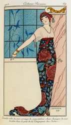 Grande abito da sera, corpetto di mussola color carne, tunica di seta ricamata nello stile della "Compagnia delle Indie". Costumi Parigini n.69. Donna che indossa un abito da sera con corpetto di chiffon e tunica di seta ricamata. Indossa anche una sciarpa