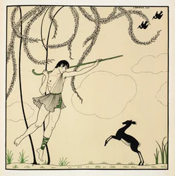 "Narcisse". Scena da Narcisse, un balletto classico eseguito in un atto. Narcisse ha debuttato nel 1911 a Monte Carlo. Il ragazzo è in aria danzando, portando un bastone da pastore, un agnello è in piedi sulle zampe posteriori.