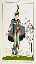 Piccolo mantello di velluto, abito di lino. Donna con un piccolo mantello di velluto, un abito di lino a righe, scarpe arancioni con cinturino a T e un cappello guarnito di nero e rosso. Costumes Parisiens.