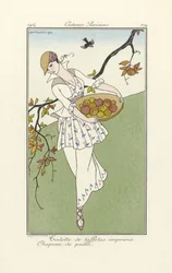 Toilette di taffetà stampato, Cappello di paglia, da Costume Parisiens, pub.1914