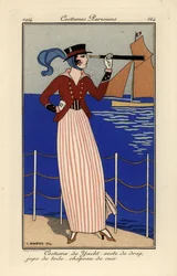 Donna in abito da yachting che tiene un telescopio