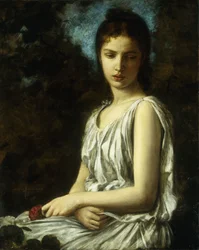 Una giovane donna in abito classico, con una rosa rossa