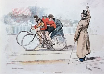 Corsa in bicicletta: la partenza - disegno di G. Scott
