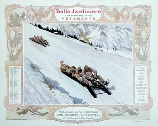 Slittino, illustrazione per dicembre da un calendario per il negozio di abbigliamento 