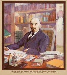 Lenin nel suo ufficio al Cremlino a Mosca, da Histoire des Soviets, pub. 1922