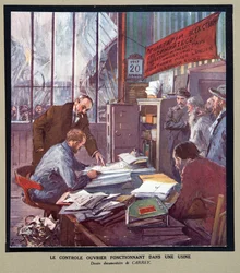 Controllo operaio in una fabbrica sovietica al tempo della Rivoluzione nel 1917, da Histoire des Soviets, pub. 1922