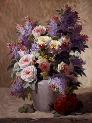 Natura morta con rose e lillà. Dipinto di Georges Jeannin (1841-1925) Collezione privata.