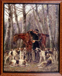 Caricamento su cavallo di un cervo ucciso durante una caccia a cavallo - disegno di Georges La Roque, circa 1900
