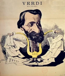 Caricatura del compositore Giuseppe Verdi (1813-1901) di Pilotell (1845-1918), marzo 1869. Conservatoire National de Musique, Parigi