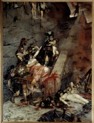 Andromaca. Dopo la presa di Troia, Pirro ebbe come parte del bottino la vedova di Ettore, Andromaca, e suo figlio Astianatte. Dipinto di Georges Antoine Rochegrosse (1859-1938).