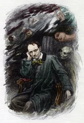 Ritratto del poeta francese Charles Baudelaire circondato dai suoi fantasmi, illustrazione per 