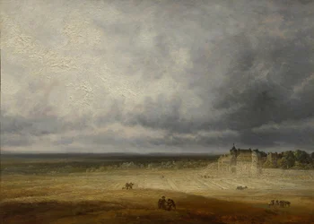 Paesaggio con campo arato e un villaggio