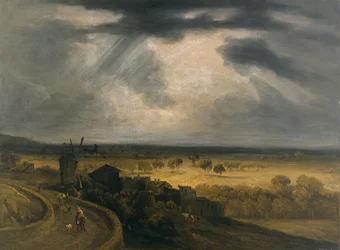 Paesaggio di Montmartre con mulino a vento, 1810-20 circa (olio su carta su cartone rigido su tela)