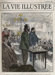 Congresso Generale delle Organizzazioni Socialiste, tenuto a Parigi nel dicembre 1899, al Gymnasium Japy - Jean Jaures (1859-1914) ed Eugene Fournier (1857-1914) disegno di Georges Redon - la vie illustree del 1899